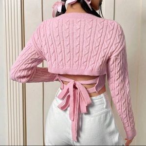 Women Tie Back Cable Knit Crop Sweater Pink Size S